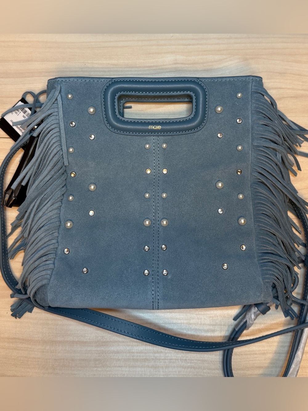 MAJE NWT BLUE SUEDE EMBELLISHED FRINGE BAG - Picture 12 of 14
